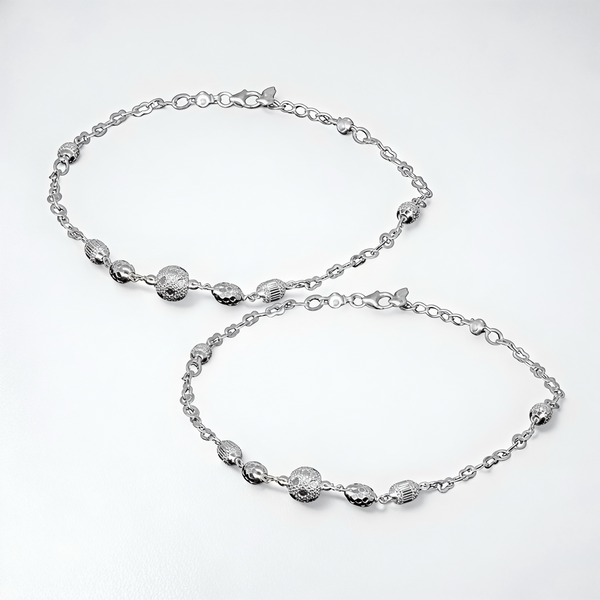 925 Sterling Silver Textured Round Bead Anklet Pair for Women | 925 Sterling Silver Payal - Tavshan