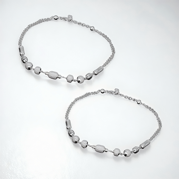 925 Sterling Silver Textured Bead Dual Chain Anklet Pair for Women | 925 Sterling Silver Payal