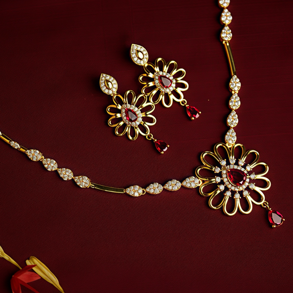 925 Silver Ruby CZ Floral Necklace Set for Women | Gold-Plated Bridal Jewellery with Screw-Back Earrings