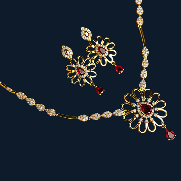 925 Silver Ruby CZ Floral Necklace Set for Women | Gold-Plated Bridal Jewellery with Screw-Back Earrings - Tavshan