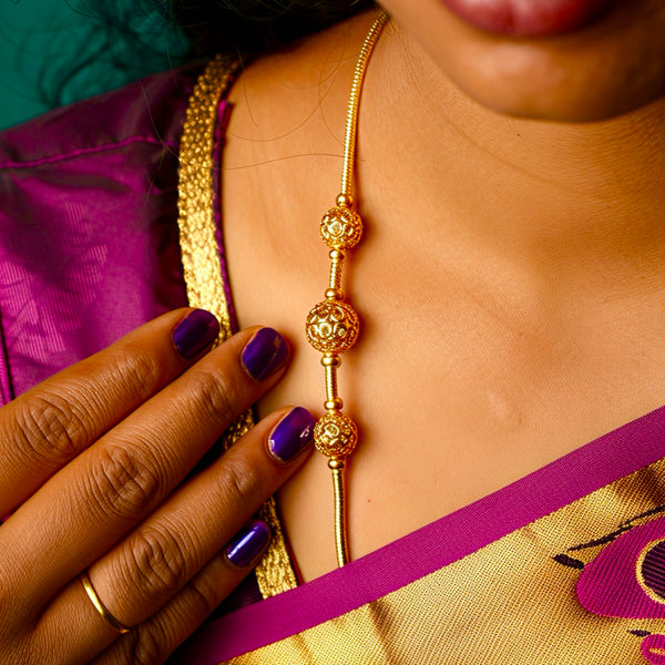 925 Silver Filigree Ball Mugappu Chain for Women | Gold-Plated Thali Chain with Three Intricate Beads | Traditional South Indian Silver Chain