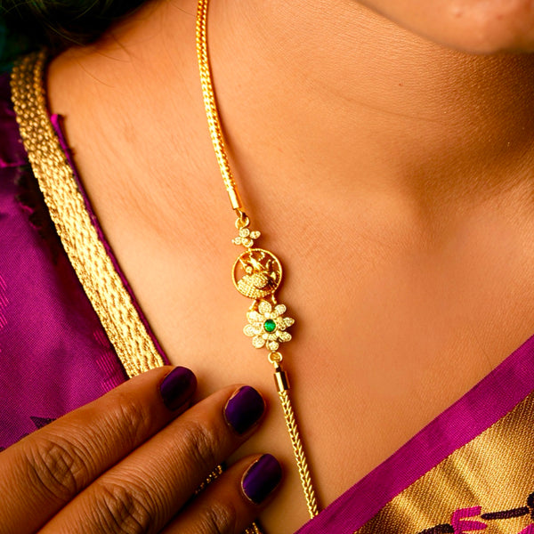 925 Silver Peacock Floral Mugappu Chain for Women | Gold-Plated Thali Chain with CZ Stones | Traditional South Indian Silver Chain