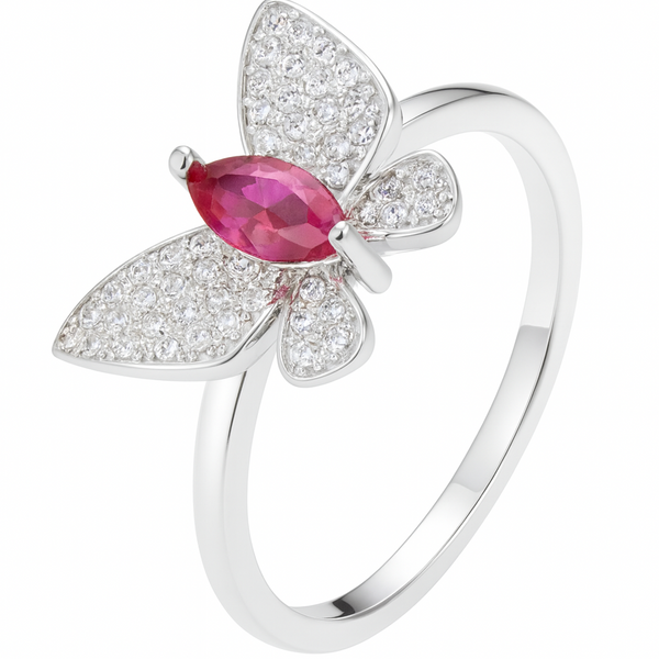 Silver butterfly ring with a pink gemstone on a white background