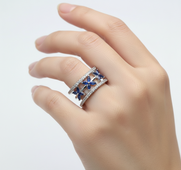 925 Sterling Silver Adjustable Floral Blue Stone Ring for Women – Sapphire-Tone Marquise CZ Flowers with Dual Band Design