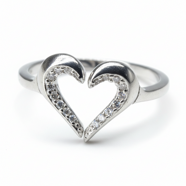 925 Sterling Silver Open Heart Ring for Women – CZ Studded Romantic Heart Design