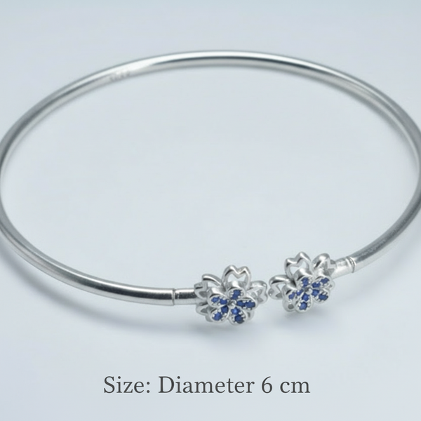 925 Sterling Silver Floral Blue Stone Kada Bracelet for Women – Open Bangle with Dual Flower Motif & Sapphire-Tone CZ