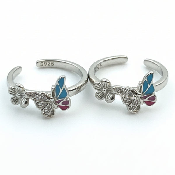 925 Sterling Silver Multicolour Butterfly & Flower Adjustable Toe Ring | Enamel CZ Silver Bichiya for Women