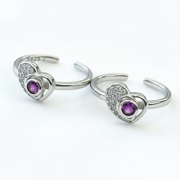 925 Sterling Silver Purple Stone Heart Adjustable Toe Ring | CZ Silver Bichiya for Women