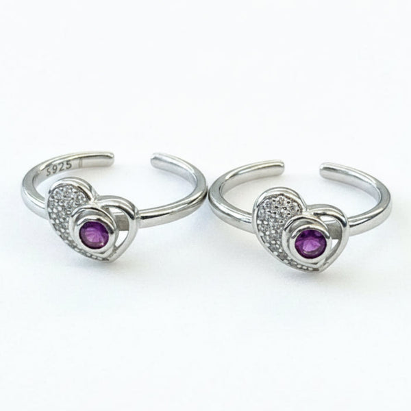 925 Sterling Silver Purple Stone Heart Adjustable Toe Ring | CZ Silver Bichiya for Women