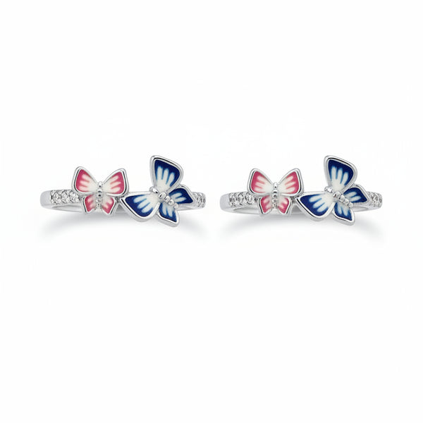 925 Sterling Silver Dual Butterfly Adjustable Toe Ring | Blue & Pink Enamel Silver Bichiya for Women