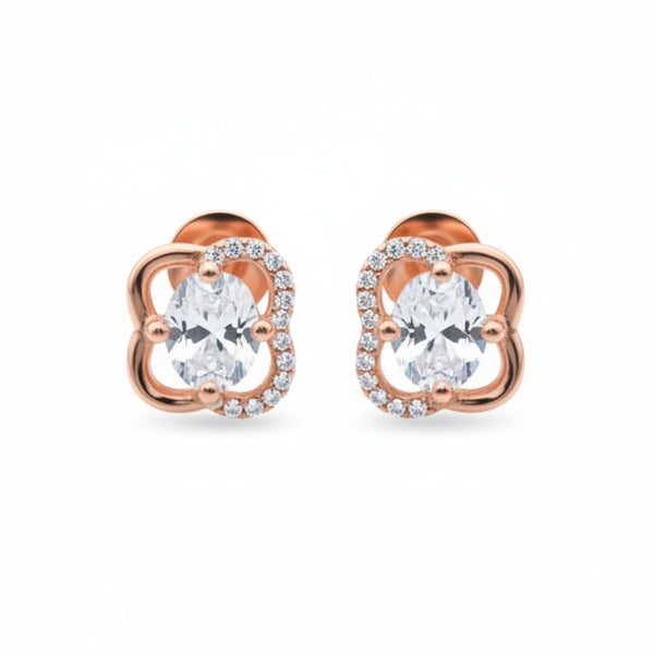 925 Sterling Silver Rose Gold Clover Stud Earrings with Cubic Zirconia | South Screw Back | Elegant Everyday Jewelry - Tavshan