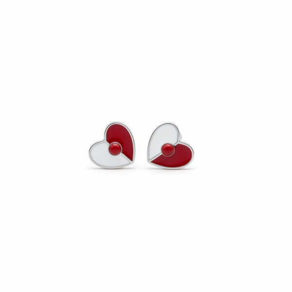 925 Sterling Silver Red & White Heart Stud Earrings with Enamel | South Screw Back | Cute Romantic Everyday Jewelry - Tavshan