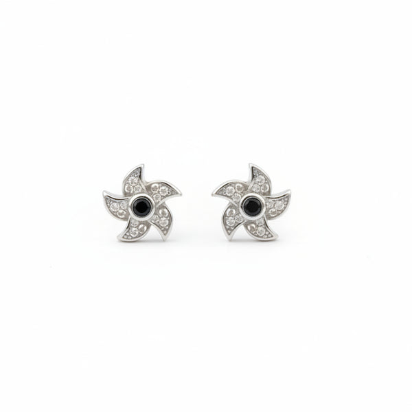 925 Sterling Silver Pinwheel Stud Earrings with Black Onyx & Cubic Zirconia | South Screw Back | Everyday Elegant Jewelry - Tavshan