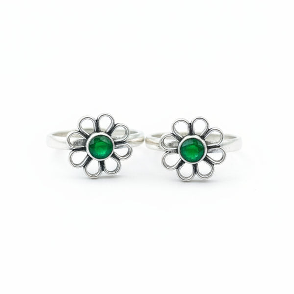 925 Sterling Silver Oxidised Floral Toe Ring with Green Stone | BIS Hallmarkedadjustable Bichiya Pair