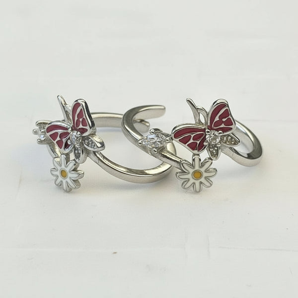 925 Sterling Silver Butterfly & Daisy Adjustable Toe Ring | Enamel Floral Silver Bichiya for Women