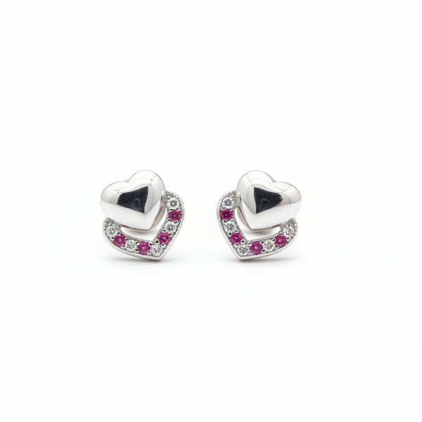 925 Sterling Silver Double Heart Stud Earrings with Pink & White Cubic Zirconia | South Screw Back | Romantic Everyday Jewelry - Tavshan