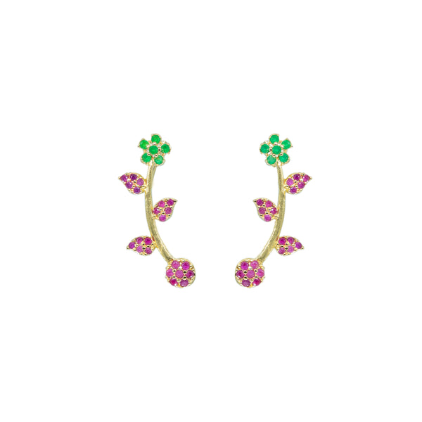 Dual Tone Pink & Green Floral Vine Ear Cuff / Bluetooth Earring – Gold Plated 925 Sterling Silver