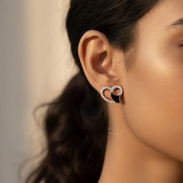 Black Enamel CZ Heart Stud Earrings | Pure 925 Silver Rose Gold Finish BIS Hallmarked | Tavshan
