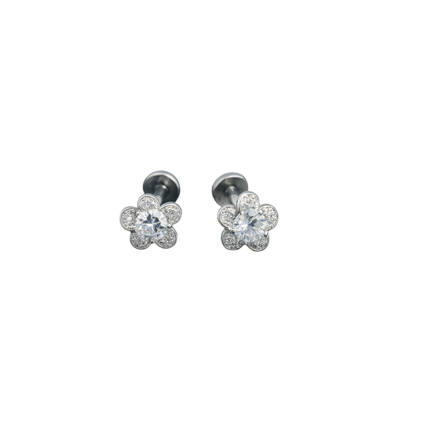 925 Sterling Silver Flower Stud Earrings with Zircon Center Stone