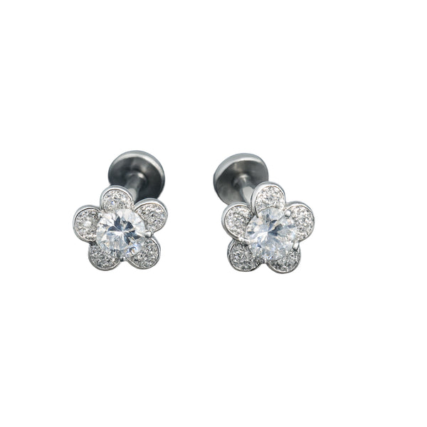 925 Sterling Silver Flower Stud Earrings with Zircon Center Stone