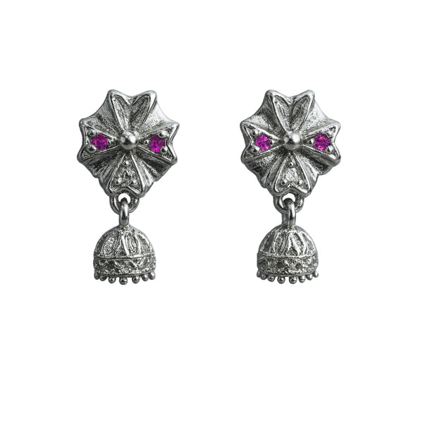 925 Sterling Silver Floral Pink Stone Jhumka Earrings