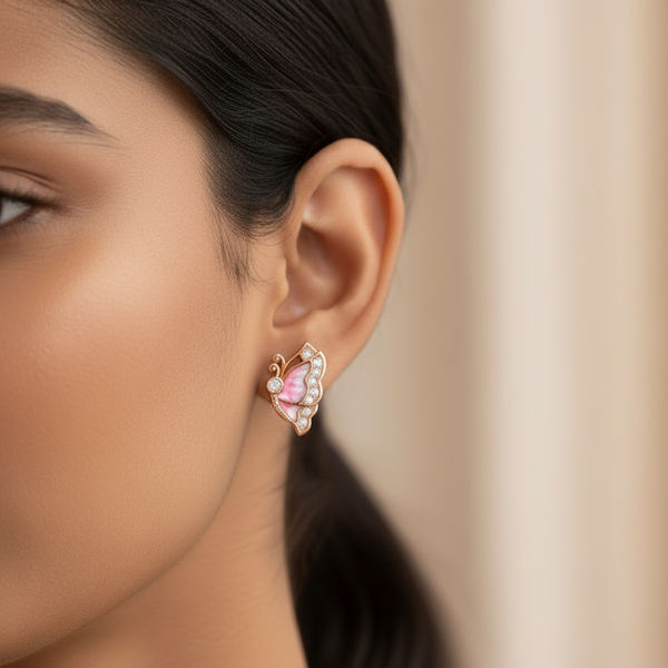 Pink MOP Butterfly Stud Earrings | Pure 925 Silver Rose Gold Finish BIS Hallmarked | Tavshan