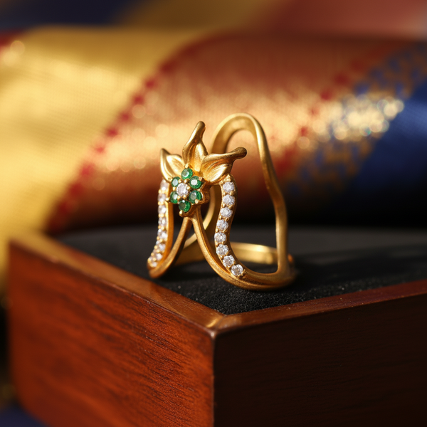 925 Silver Gold-Plated Floral Vanki Ring for Women | Enamel Work & CZ Stone Traditional South Indian Ring