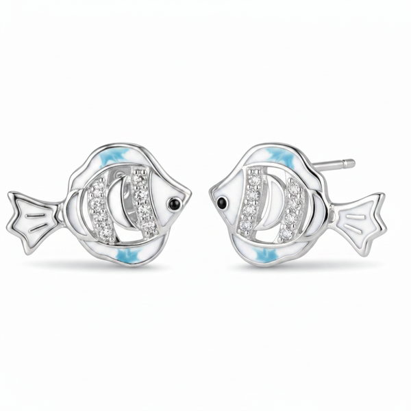 Fish Enamel CZ Stud Earrings – 45° Angle