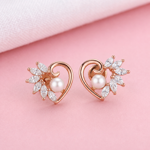Marquise CZ Pearl Heart Stud Earrings | Pure 925 Silver Rose Gold Finish BIS Hallmarked | Tavshan
