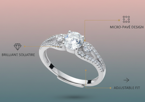 Silver ring with diamond design on a gradient background