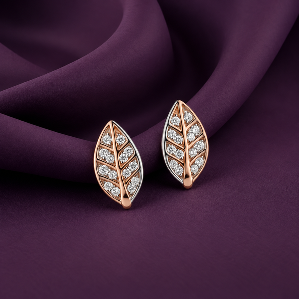 CZ Leaf Stud Earrings | Pure 925 Silver Rose Gold & Rhodium Finish BIS Hallmarked | Tavshan