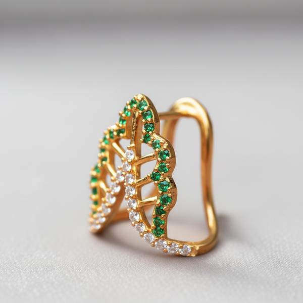 925 Silver Gold-Plated Green CZ Vanki Ring for Women | Traditional South Indian Adjustable Ring