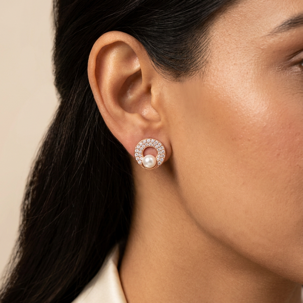 CZ Circle Pearl Stud Earrings | Pure 925 Silver Rose Gold Finish BIS Hallmarked | Tavshan