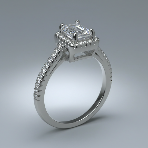 Silver ring with a diamond on a gray background