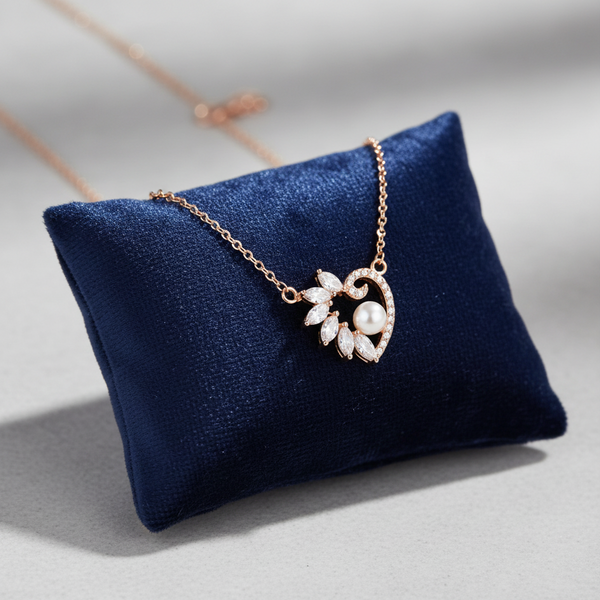 Marquise CZ Pearl Heart Pendant Necklace | Pure 925 Silver Rose Gold Finish BIS Hallmarked | Tavshan