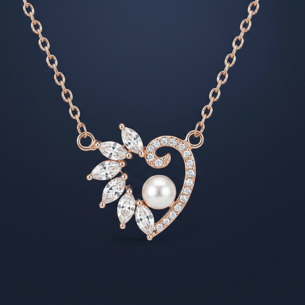Marquise CZ Pearl Heart Pendant Necklace | Pure 925 Silver Rose Gold Finish BIS Hallmarked | Tavshan