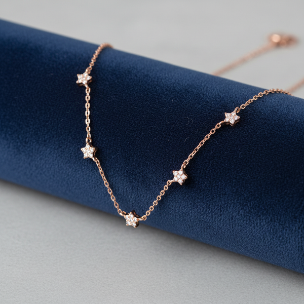 Star Station Necklace on Navy Velvet Jewelry Roll
