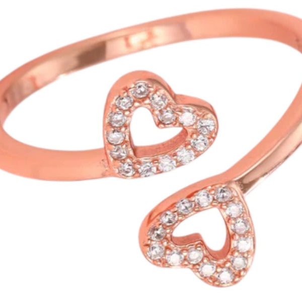 925 Sterling Silver Rose Gold Double Heart Ring with CZ Stones