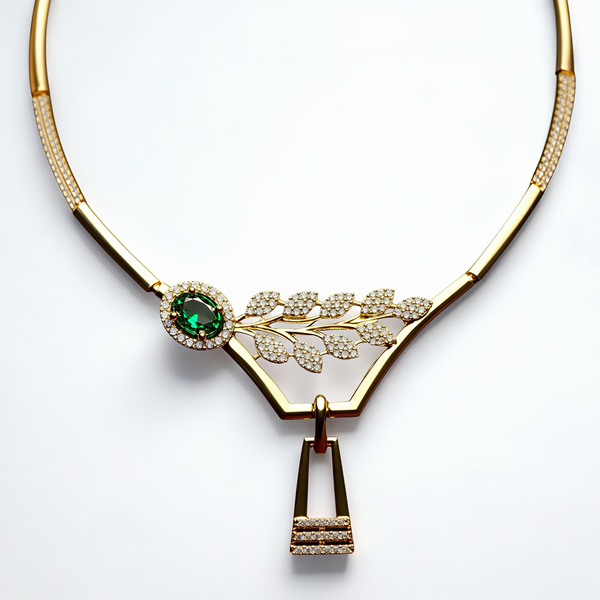 925 Silver Emerald CZ Leaf Motif Necklace Set for Women | Gold-Plated Party & Bridal Jewellery