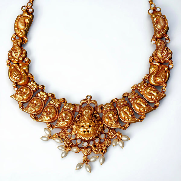 925 Silver Antique Gold-Plated Temple Necklace | Peacock & Leaf Motif Bridal Jewellery with Pearl Drops