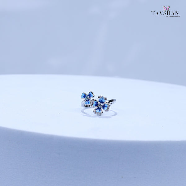 925 Sterling Silver Adjustable Toe Ring – Blue Enamel Triple Flower Design with Sparkling Stones