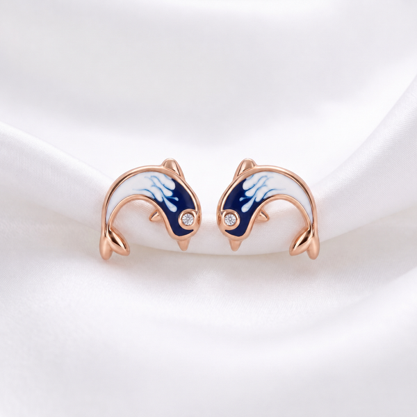 Dolphin Enamel Stud Earrings | Pure 925 Silver Rose Gold Finish BIS Hallmarked | Tavshan