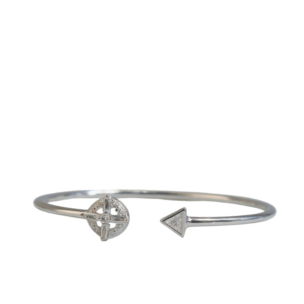 925 Sterling Silver Compass & Arrow CZ Open Bangle Bracelet