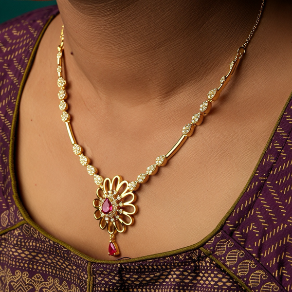 925 Silver Ruby CZ Floral Necklace Set for Women | Gold-Plated Bridal Jewellery with Screw-Back Earrings