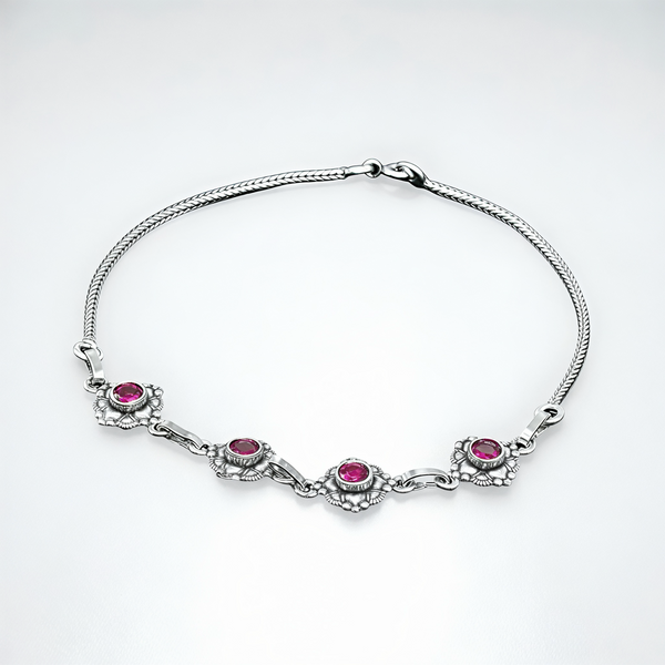 925 Sterling Silver Ruby Floral Anklet Pair for Women | 925 Sterling Silver Payal