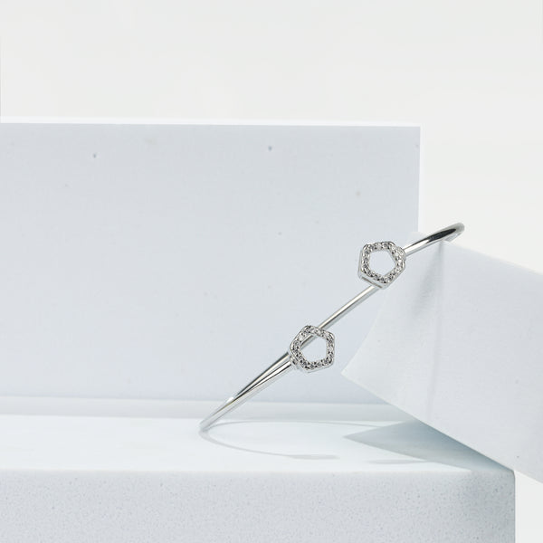 925 Sterling Silver Twin Geometric CZ Open Bangle Bracelet