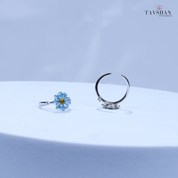 Delicate Sterling Silver Toe Ring – Blue Floral Enamel with Yellow Center Accent