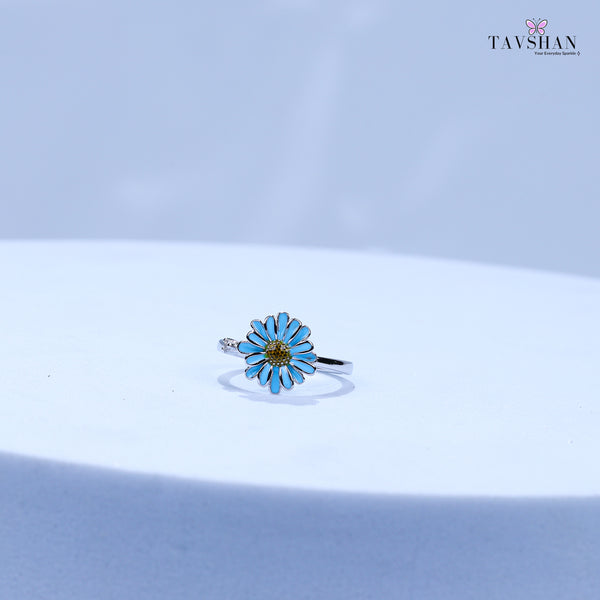 Delicate Sterling Silver Toe Ring – Blue Floral Enamel with Yellow Center Accent