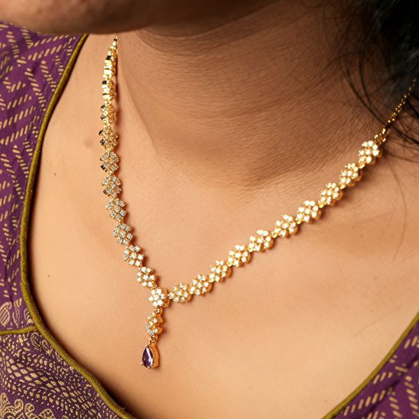 925 Silver Floral CZ Stone Necklace Set for Women | Gold-Plated Bridal Jewellery with Screw-Back Earrings