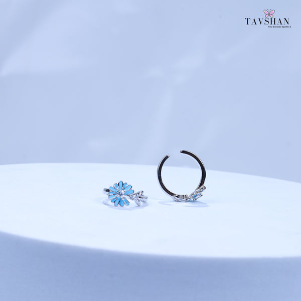 925 Sterling Silver Adjustable Toe Ring – Blue Floral Enamel with Sparkle Stone